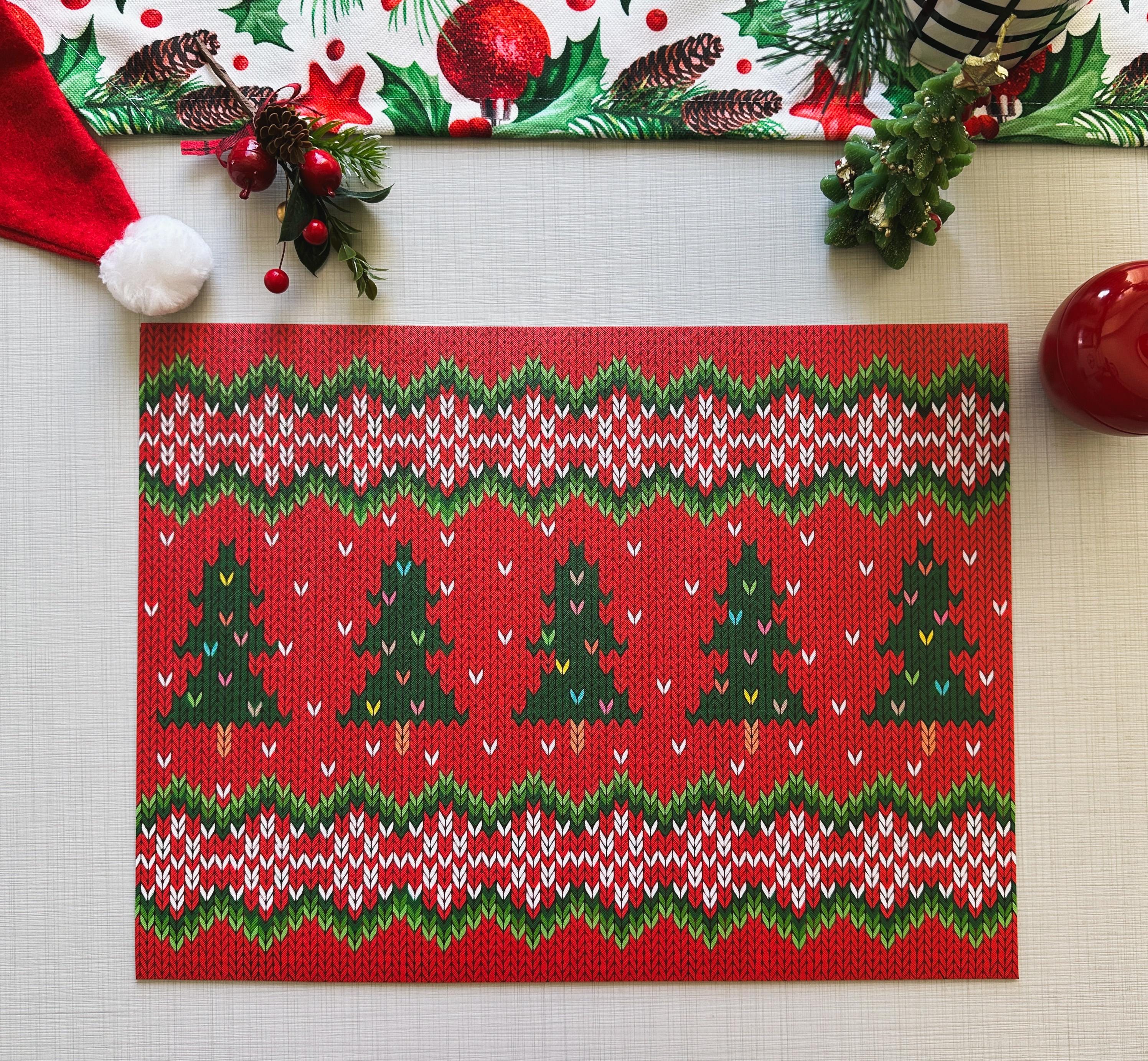 Red Knit Christmas Tree Placemat: Waterproof Holiday Table Decor