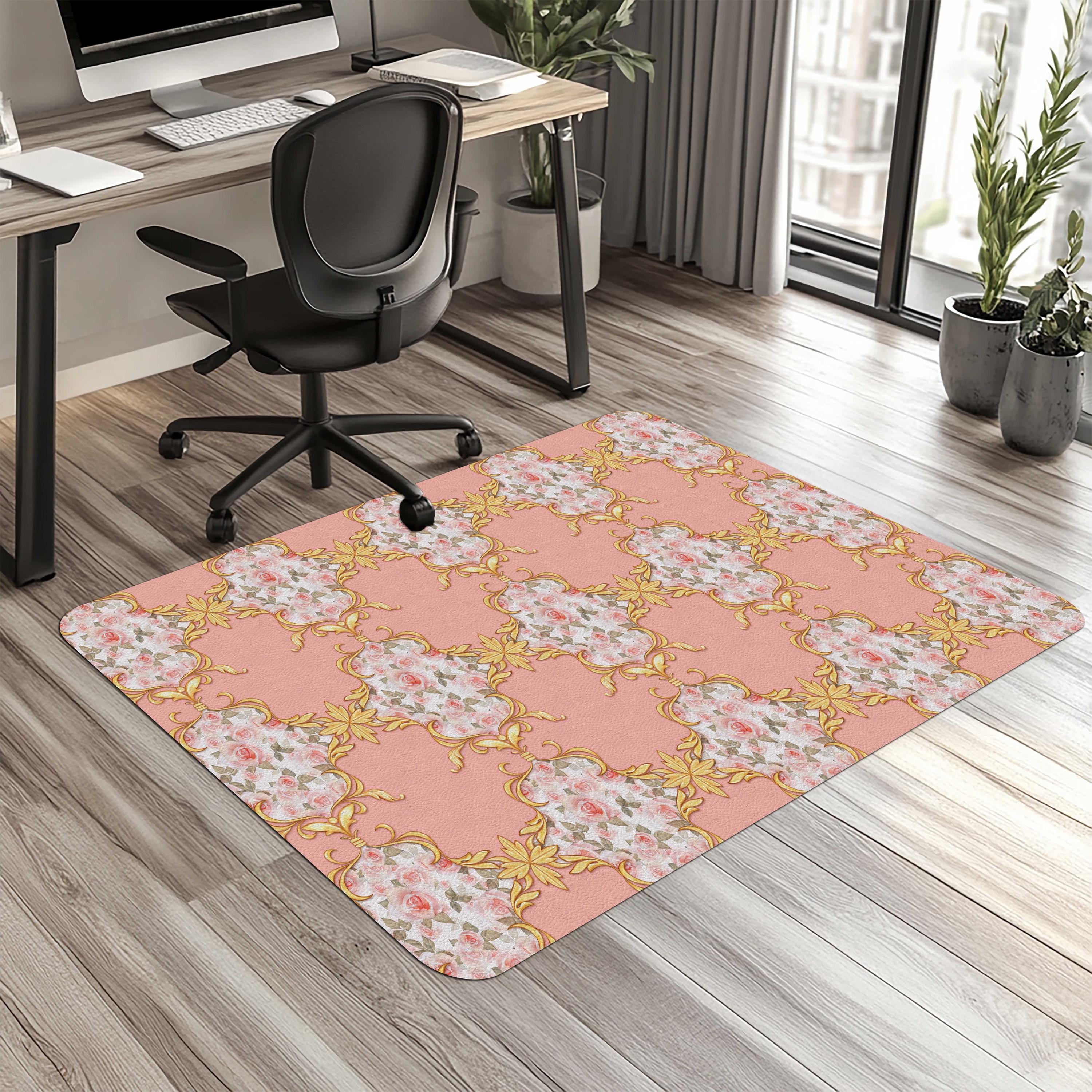 Pink and Gold Baroque Chair Mat: Non-Slip Floor Protector