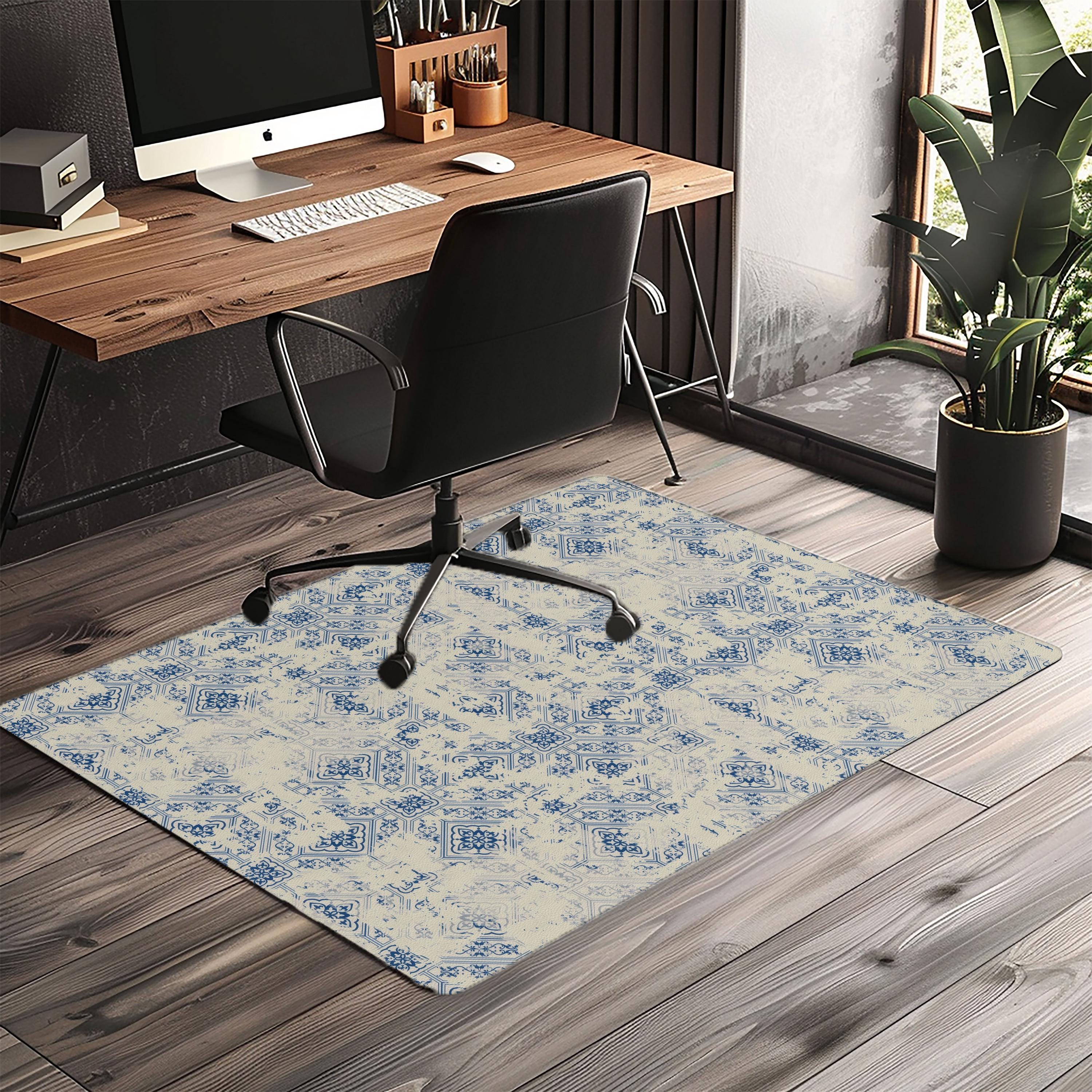 Vintage Patchwork Chair Mat: Distressed Blue Tile Floor Protector