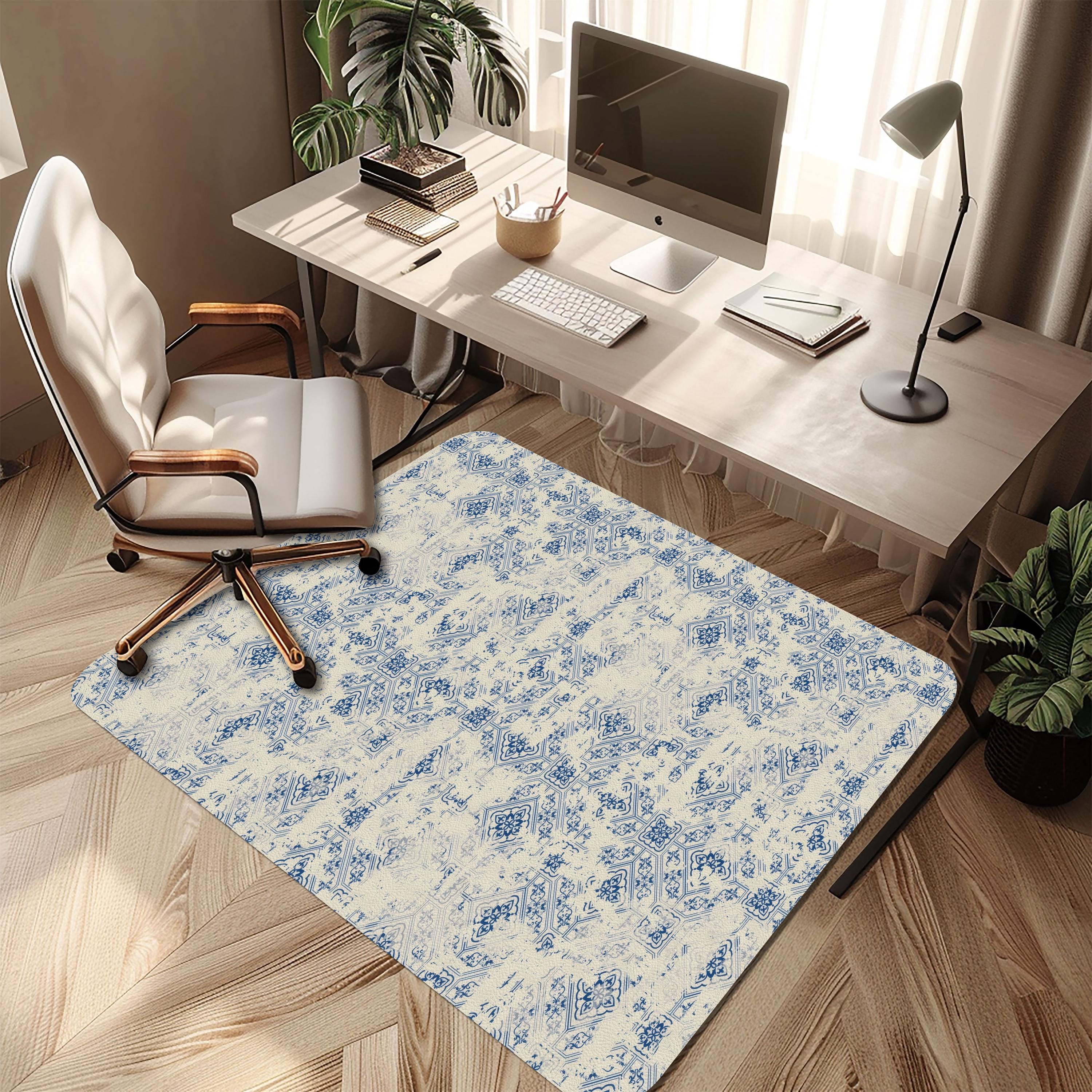 Vintage Patchwork Chair Mat: Distressed Blue Tile Floor Protector