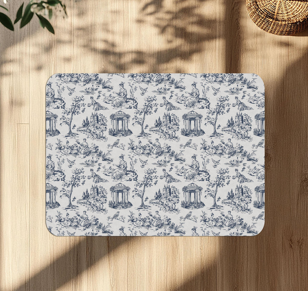 Victorian Toile Chair Mat: Blue & Cream Pastoral Floor Protector