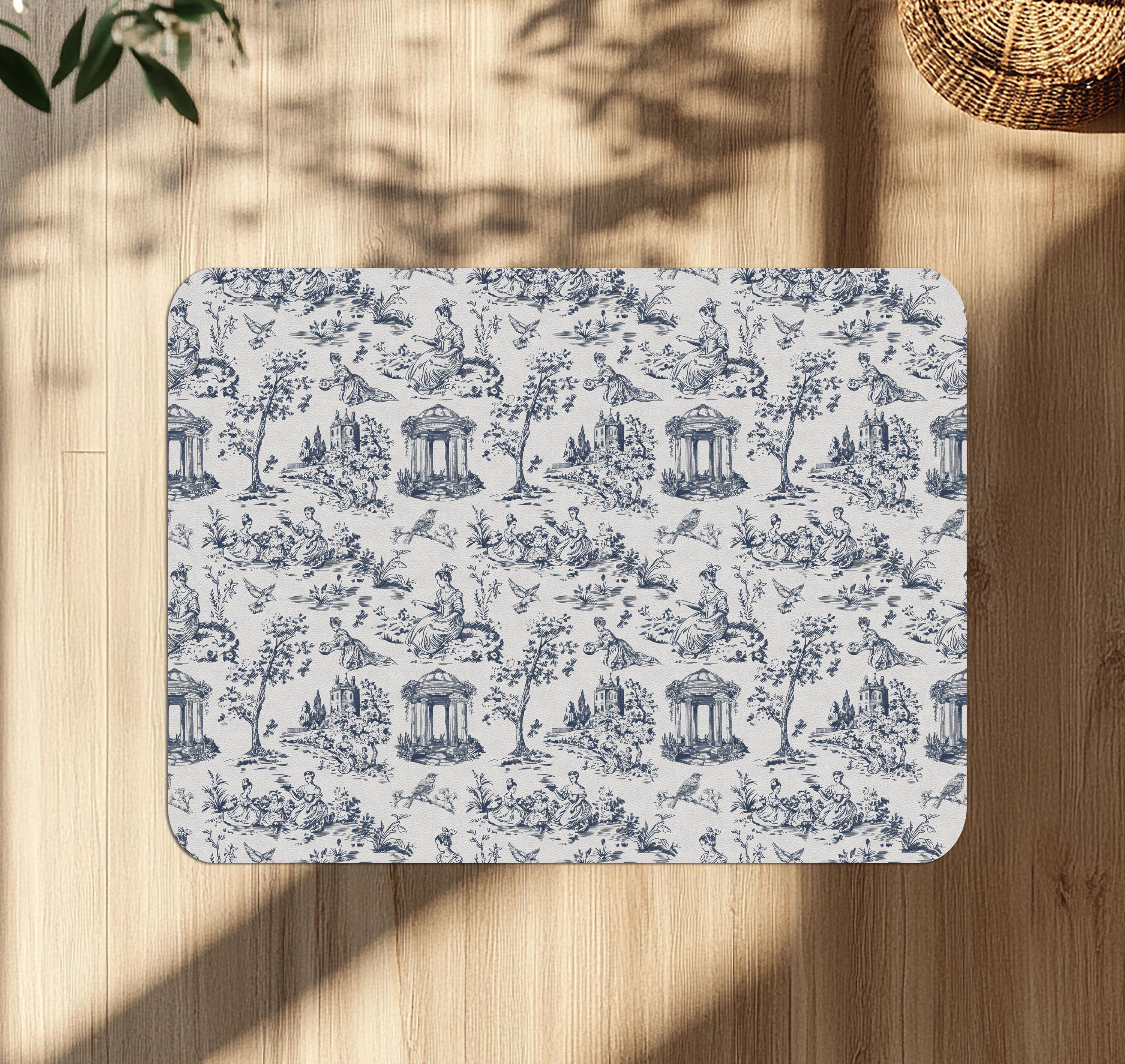 Victorian Toile Chair Mat: Blue & Cream Pastoral Floor Protector