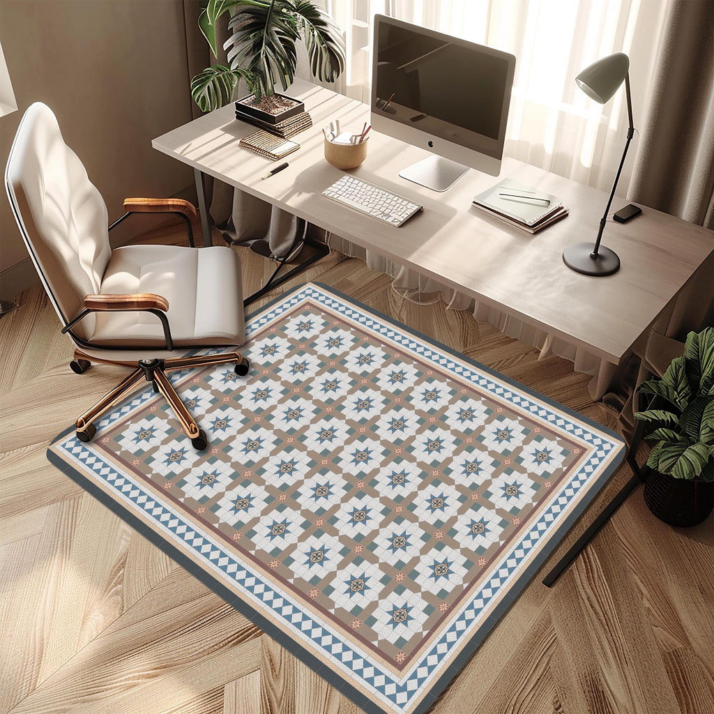 Victorian Tile Chair Mat: Classic Blue & Brown Geometric Floor Protector