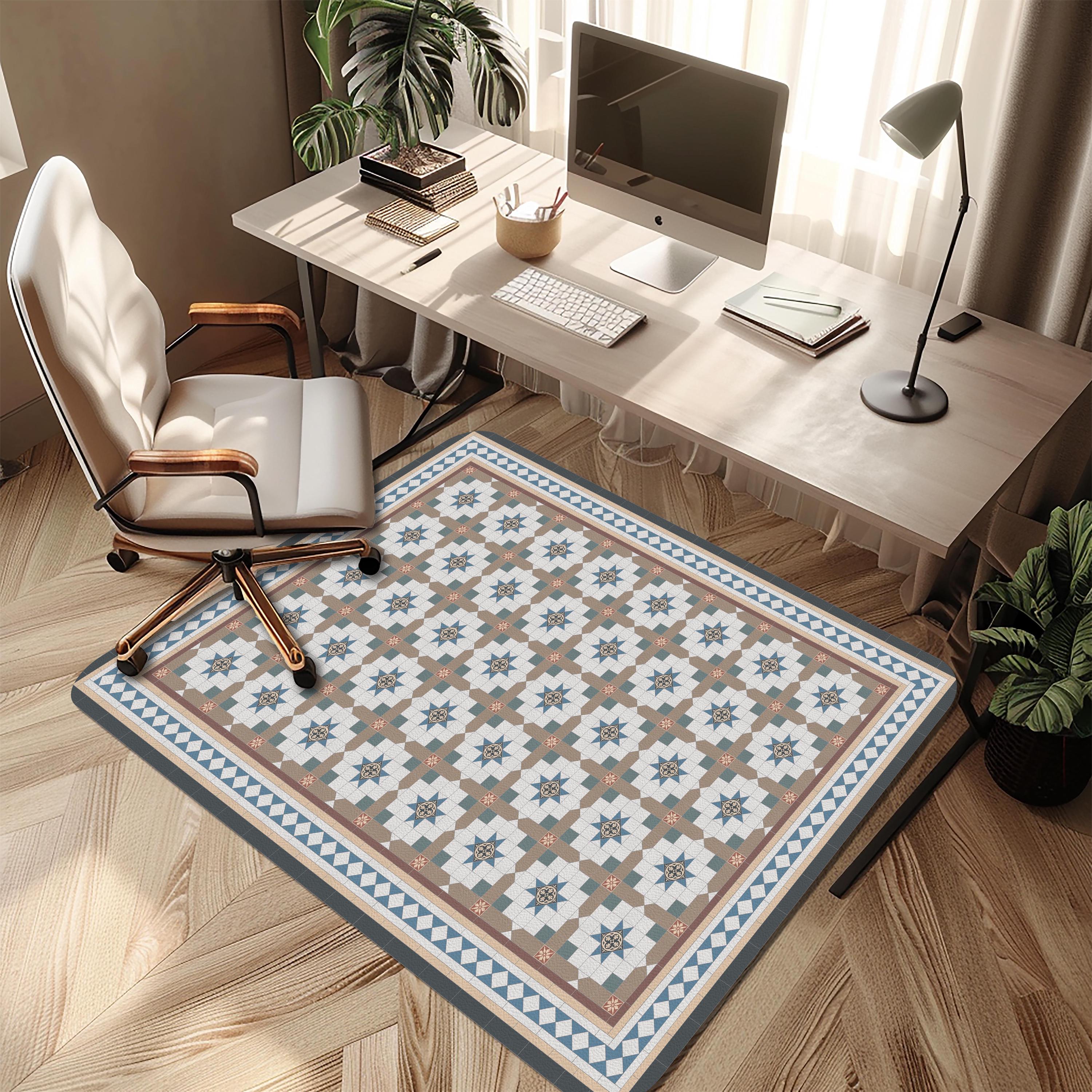 Victorian Tile Chair Mat: Classic Blue & Brown Geometric Floor Protector