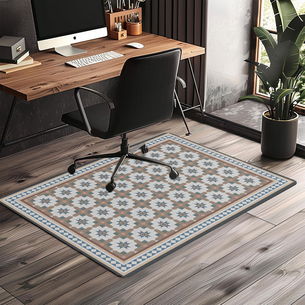 Victorian Tile Chair Mat: Classic Blue & Brown Geometric Floor Protector