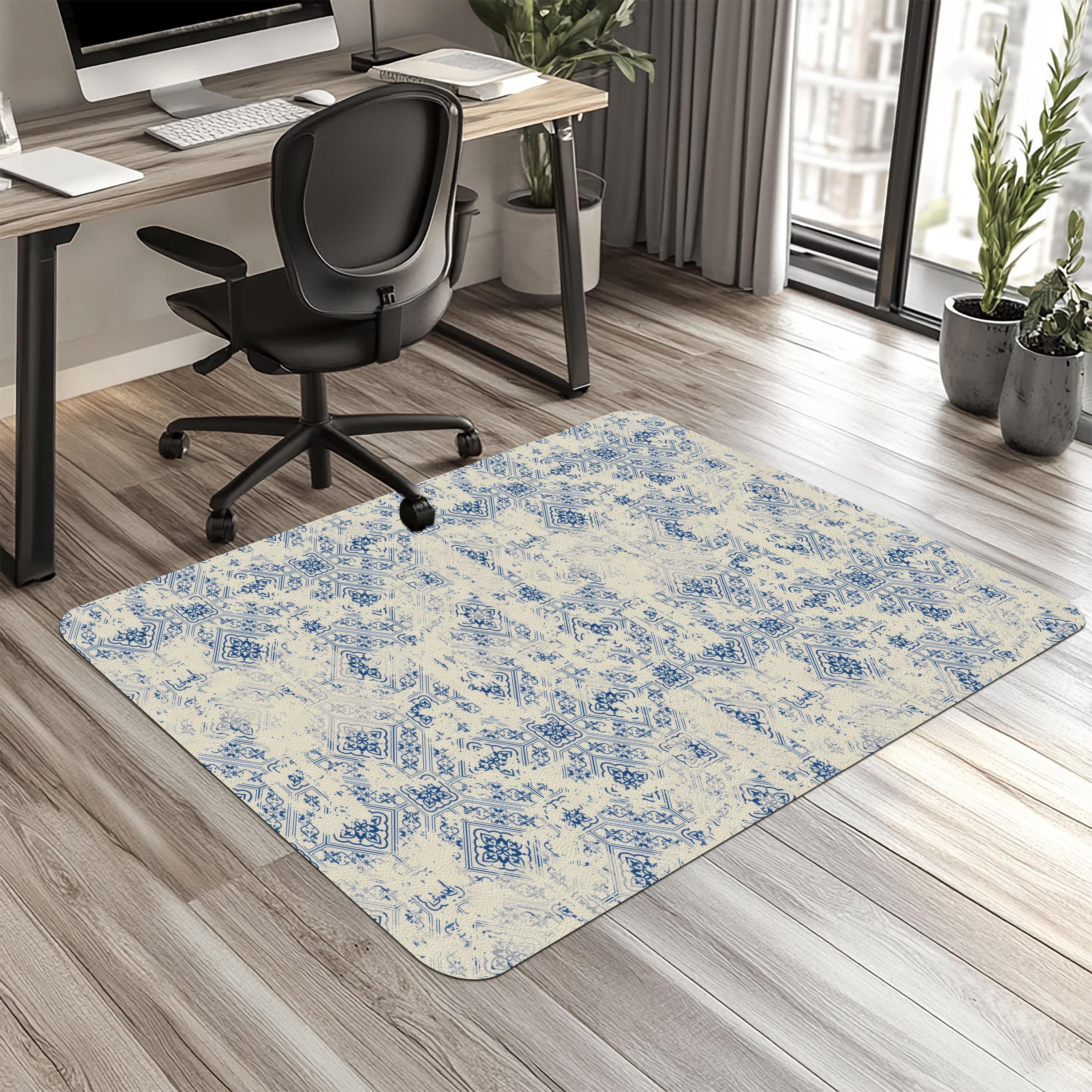 Vintage Patchwork Chair Mat: Distressed Blue Tile Floor Protector