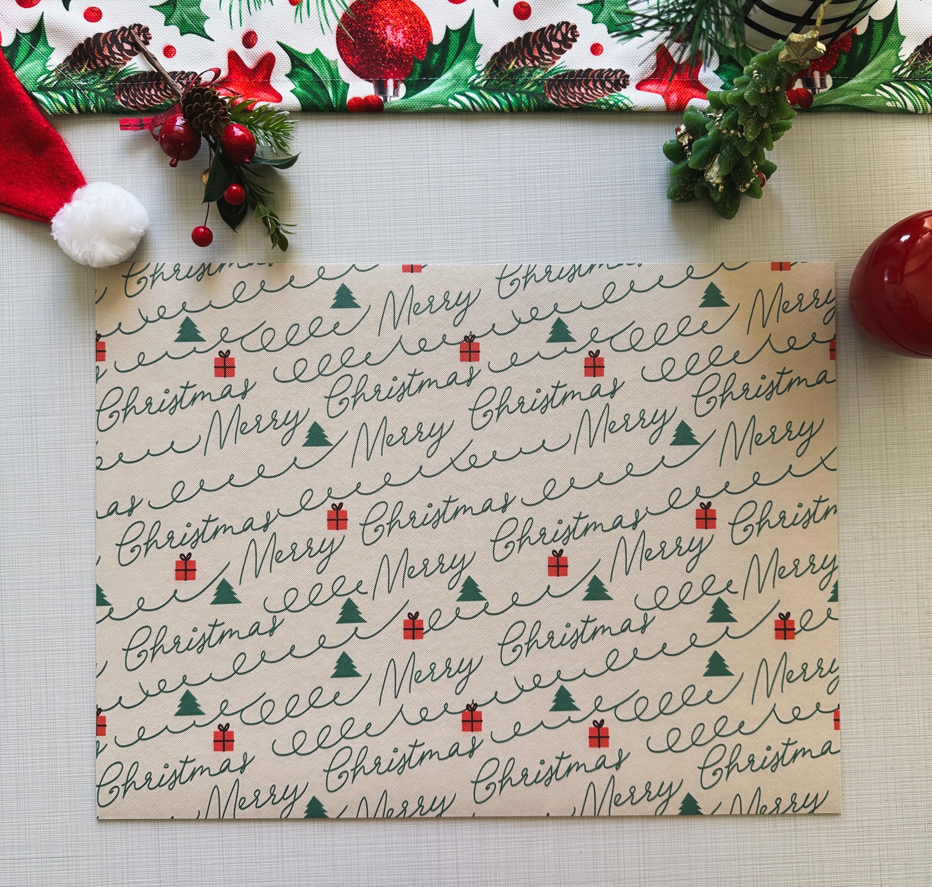 Merry Christmas Script Placemat: Beige Faux Leather Holiday Table Decor