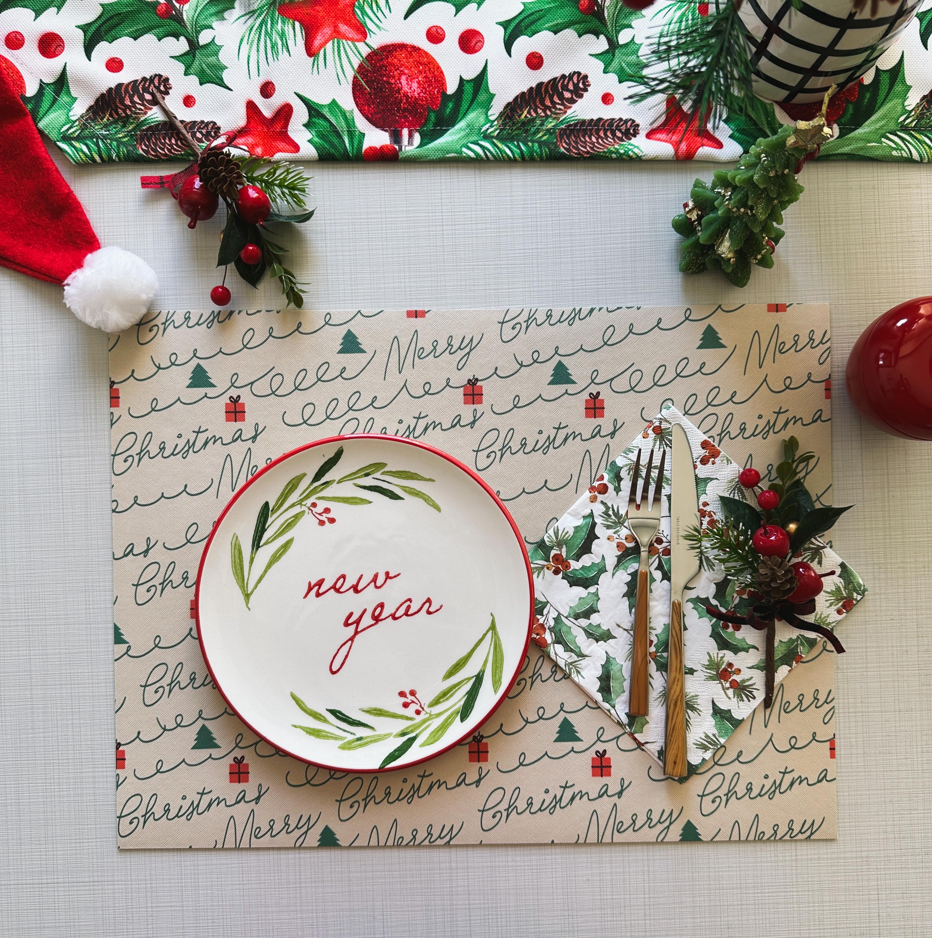 Merry Christmas Script Placemat: Beige Faux Leather Holiday Table Decor