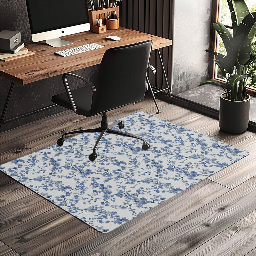 Blue Cherry Blossom Chair Mat: Watercolor Sakura Floral Desk Protector