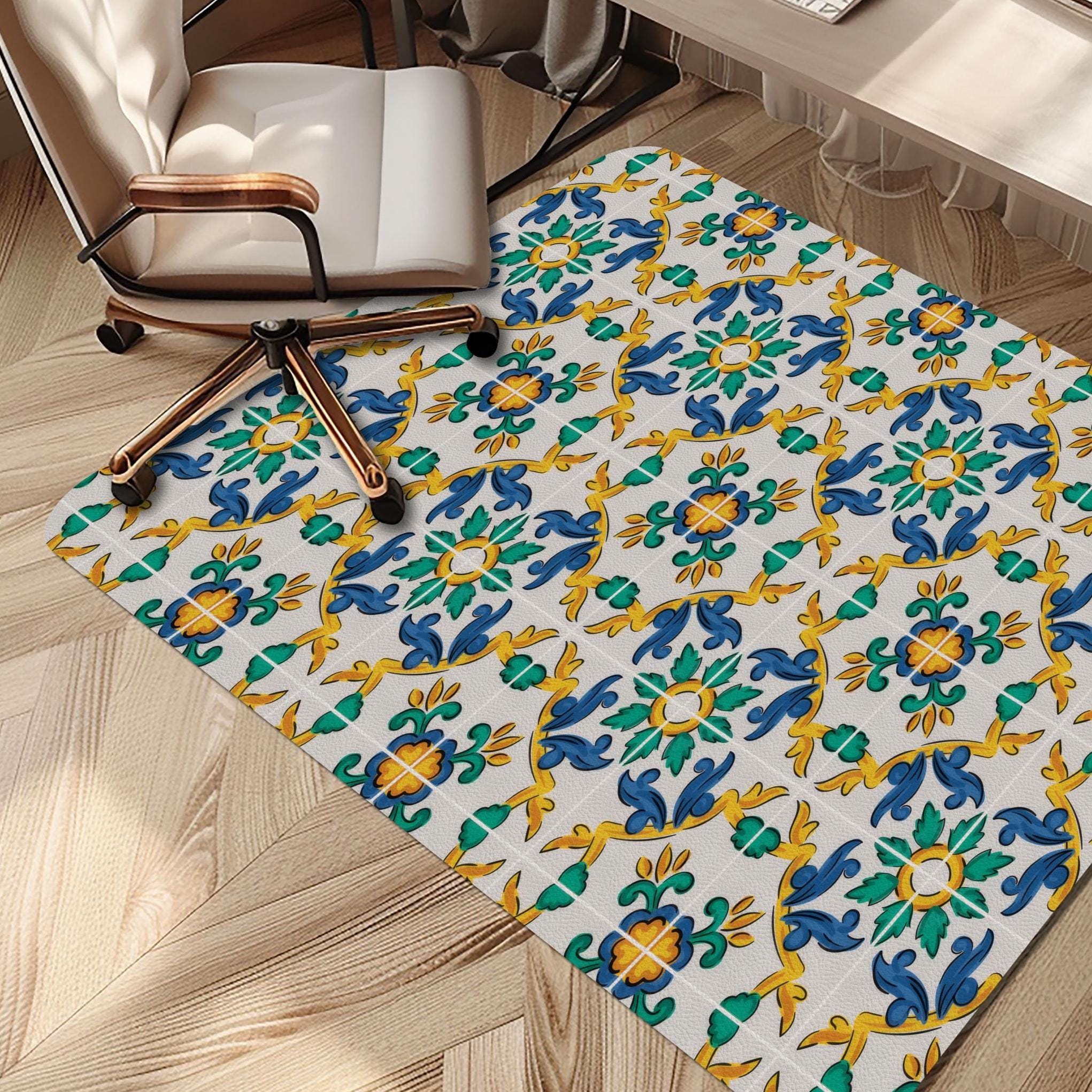 Sicilian Carretto Tile Chair Mat: Colorful Italian Ceramic Floor Protector
