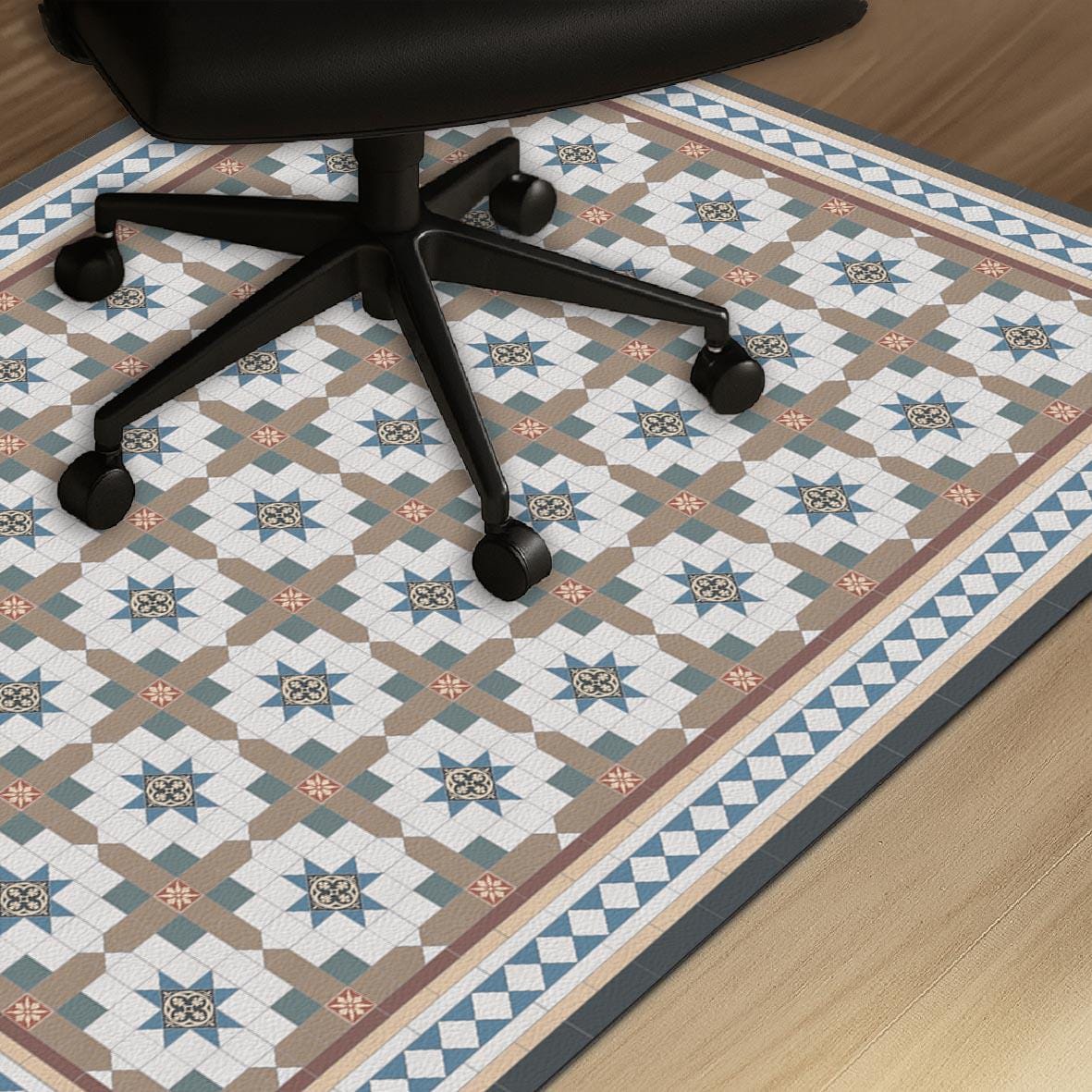 Victorian Tile Chair Mat: Classic Blue & Brown Geometric Floor Protector