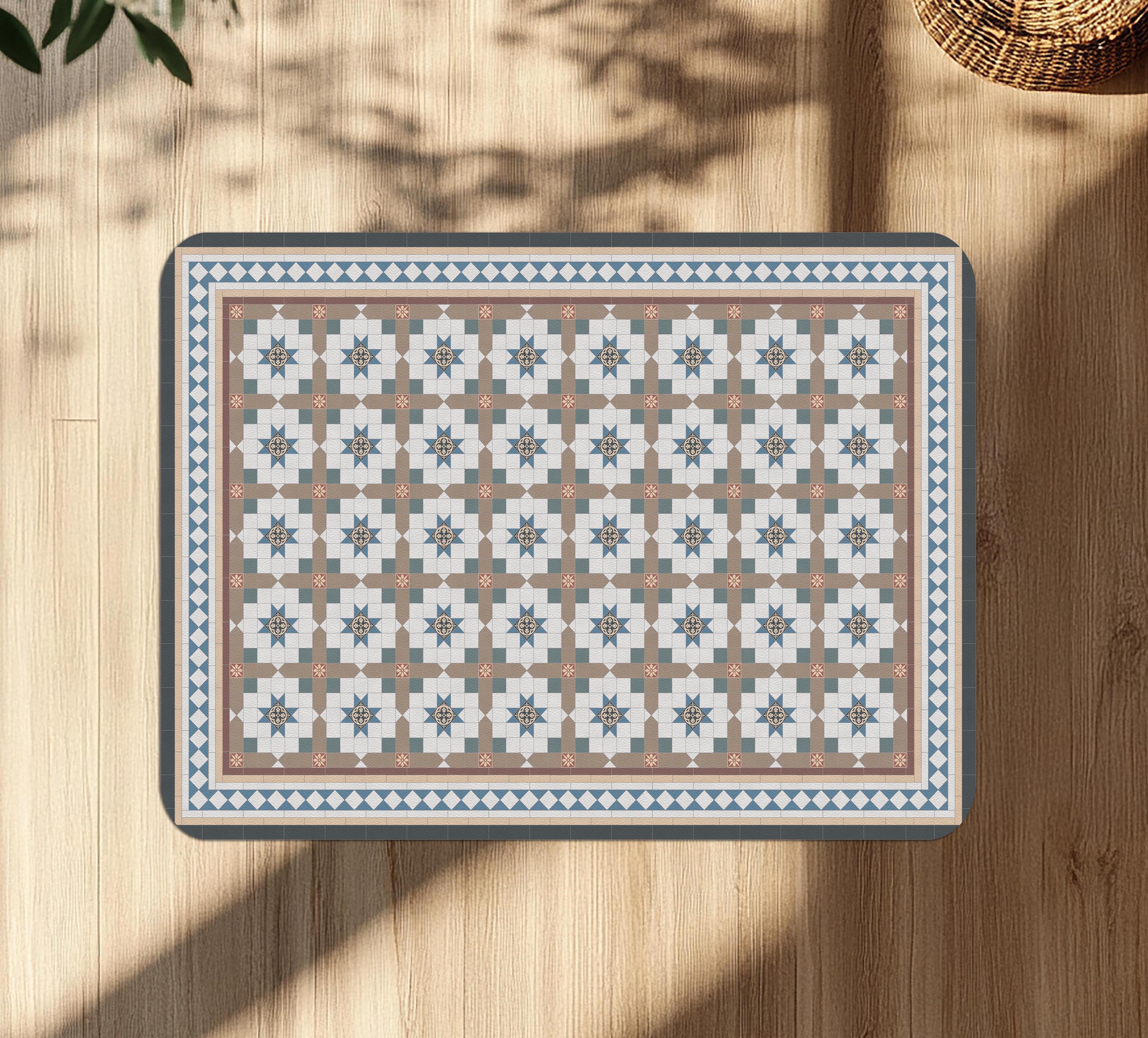 Victorian Tile Chair Mat: Classic Blue & Brown Geometric Floor Protector