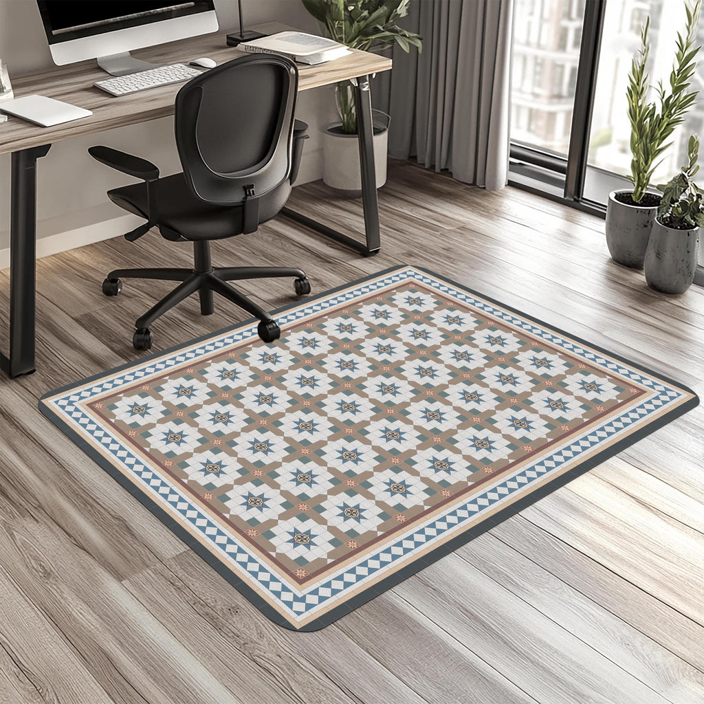 Victorian Tile Chair Mat: Classic Blue & Brown Geometric Floor Protector