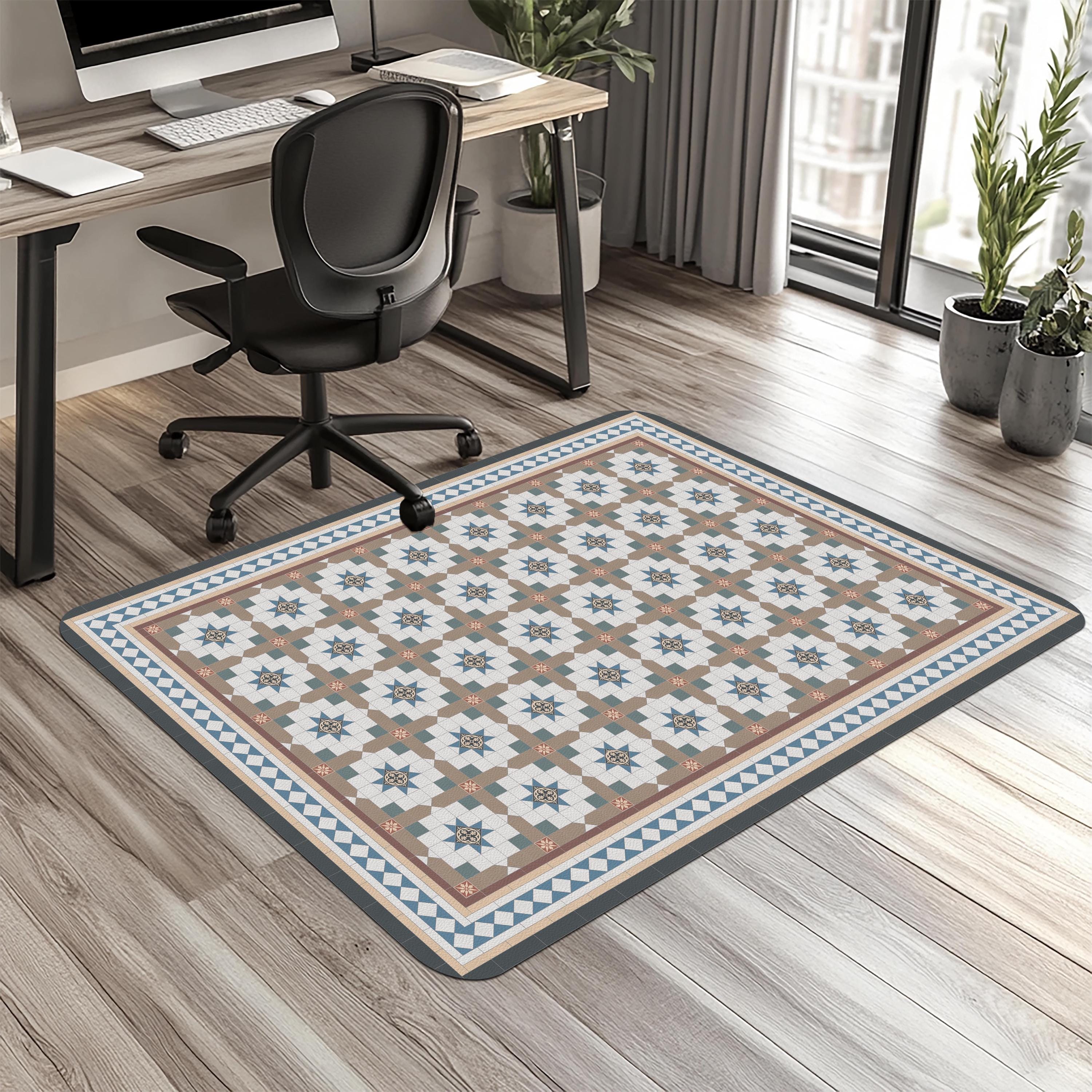 Victorian Tile Chair Mat: Classic Blue & Brown Geometric Floor Protector