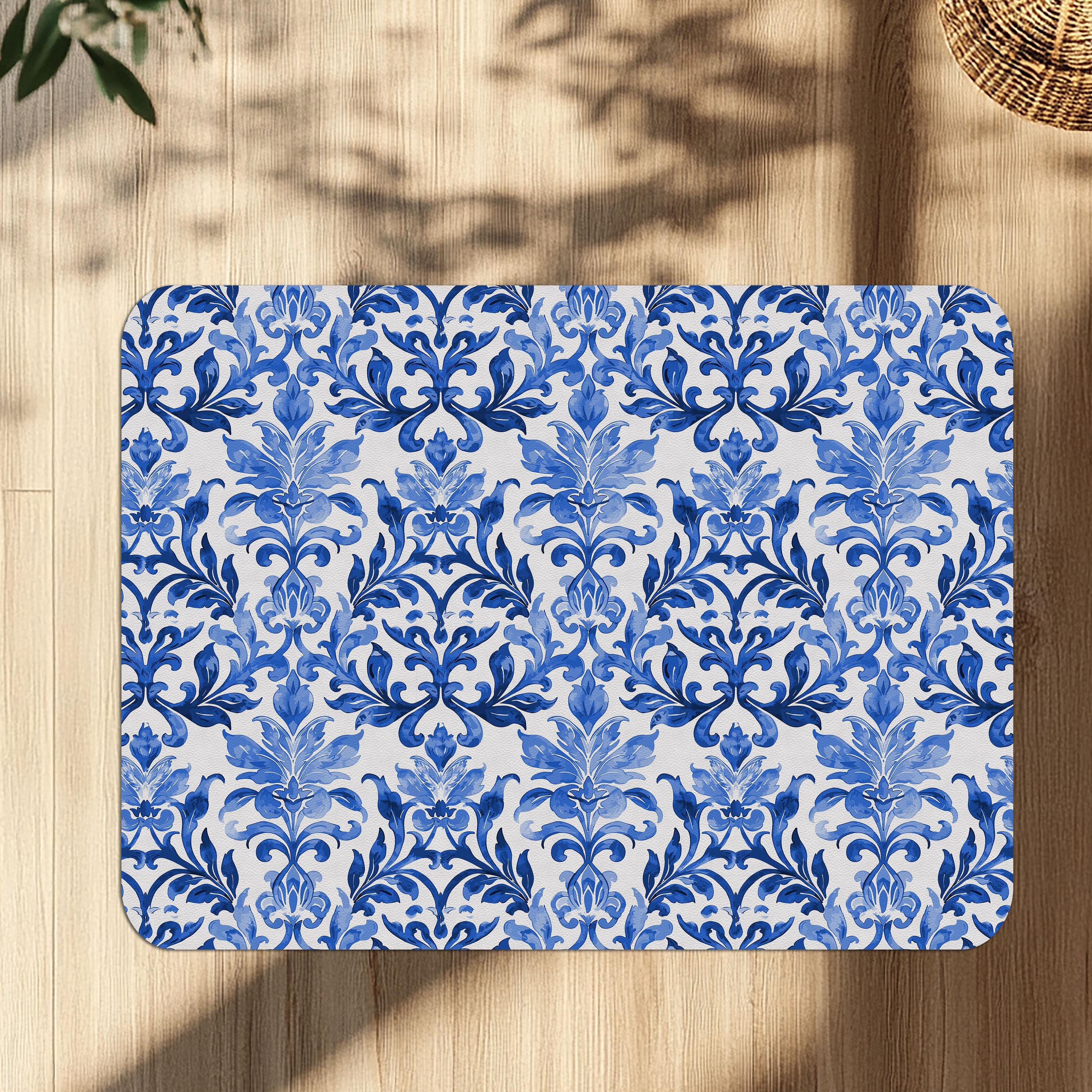 Blue Damask Office Chair Mat: Non-Slip PU Leather Floor Protector