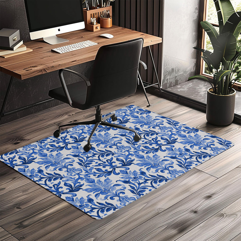 Blue Damask Office Chair Mat: Non-Slip PU Leather Floor Protector