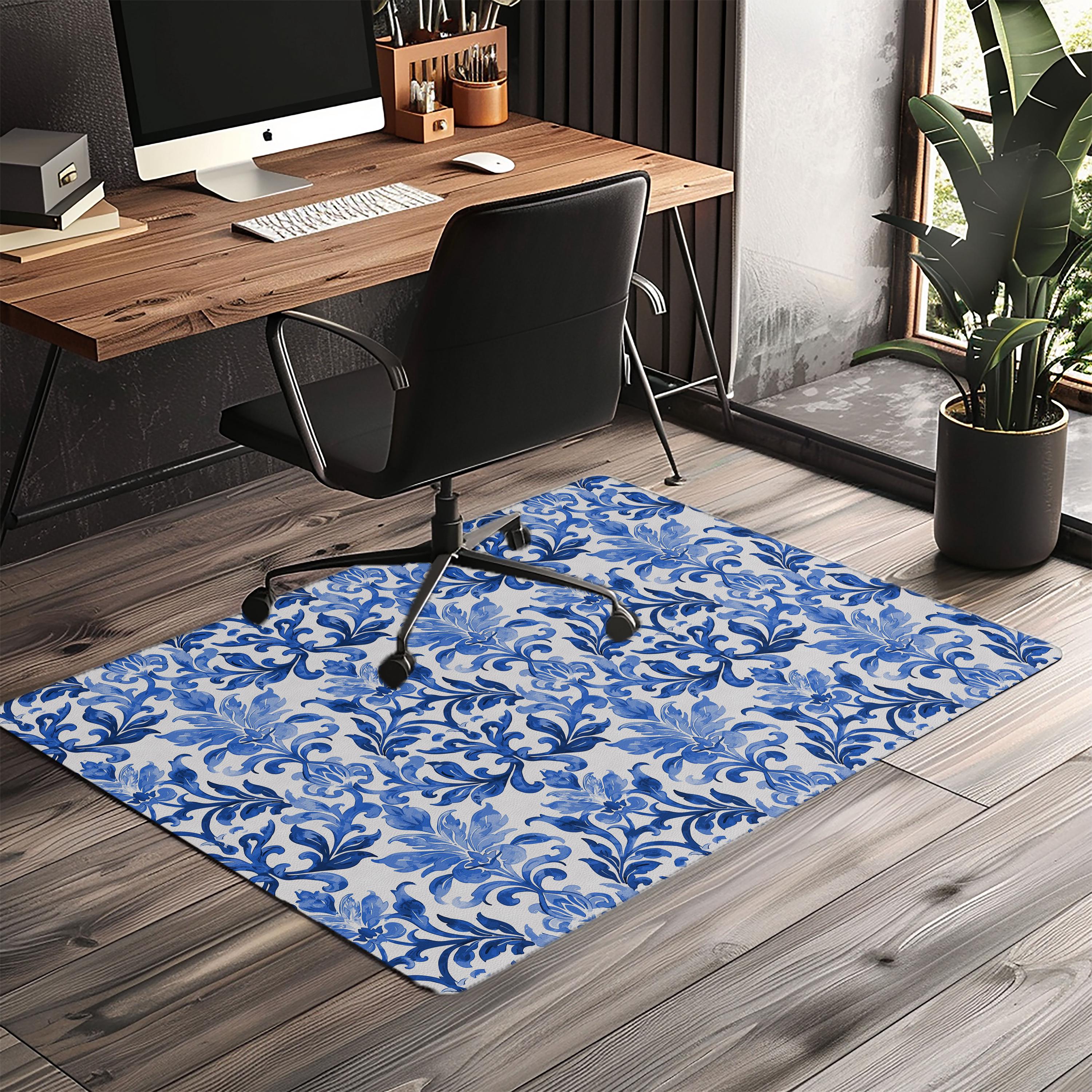 Blue Damask Office Chair Mat: Non-Slip PU Leather Floor Protector