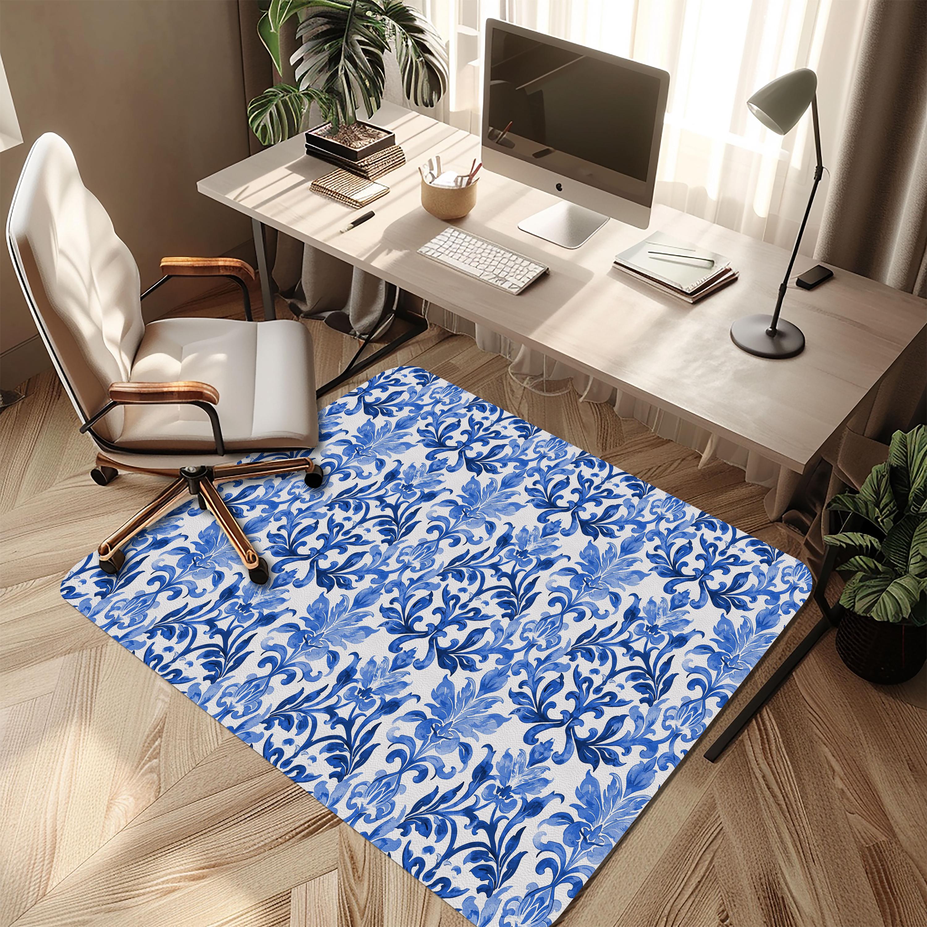 Blue Damask Office Chair Mat: Non-Slip PU Leather Floor Protector