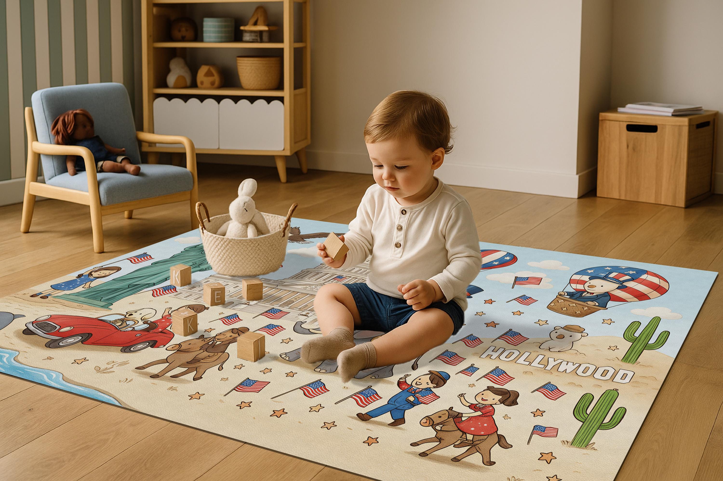 Adventure-Filled USA Themed Kids Play Mat - Educational & Fun!