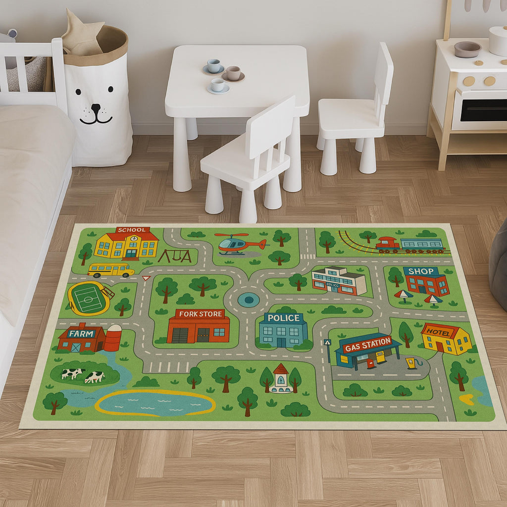 City Road Map Play Mat: PU Leather Car Rug for Kids