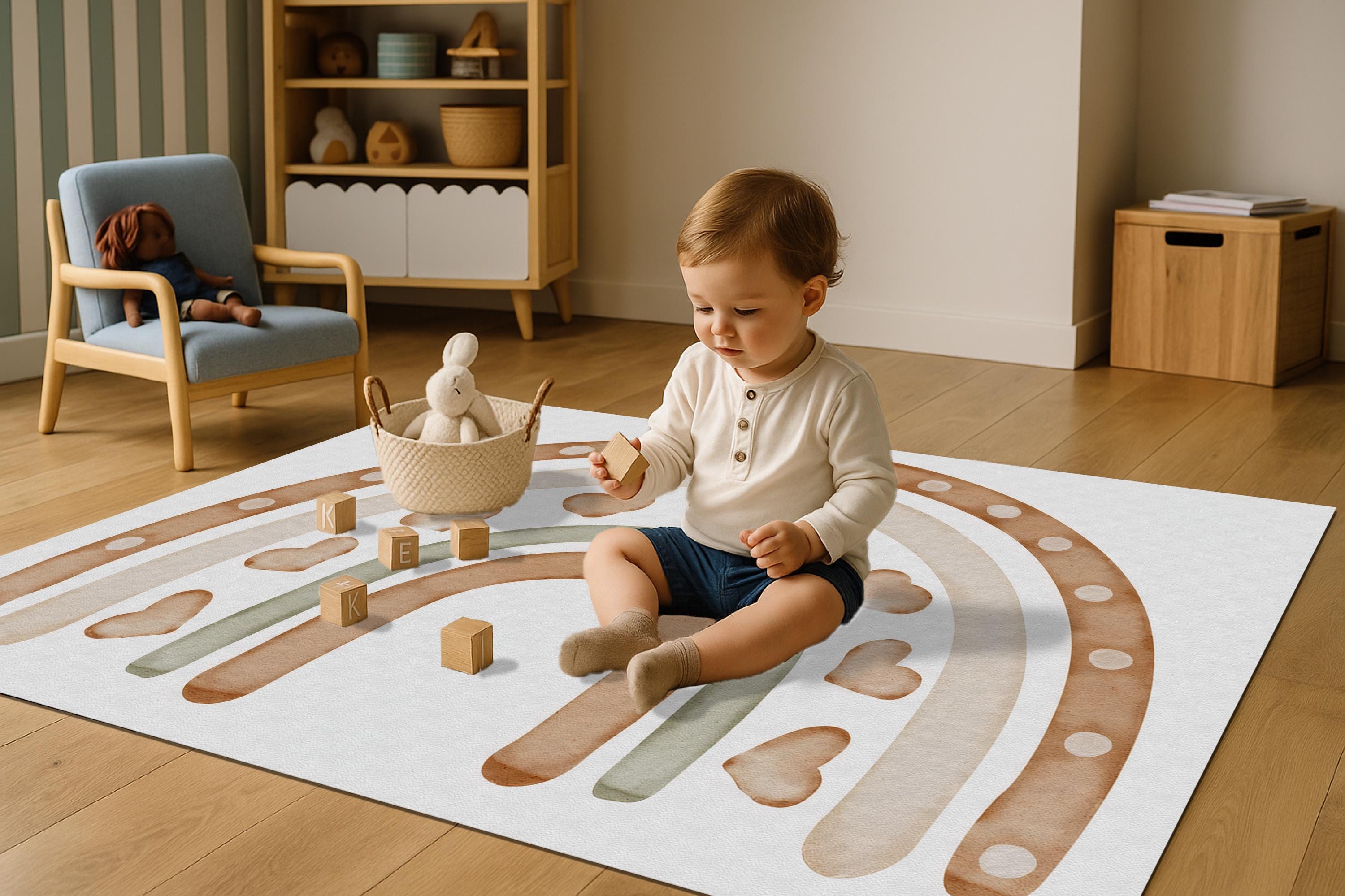 Boho Rainbow Nursery Play Mat: Soft PU Leather, Non-Slip