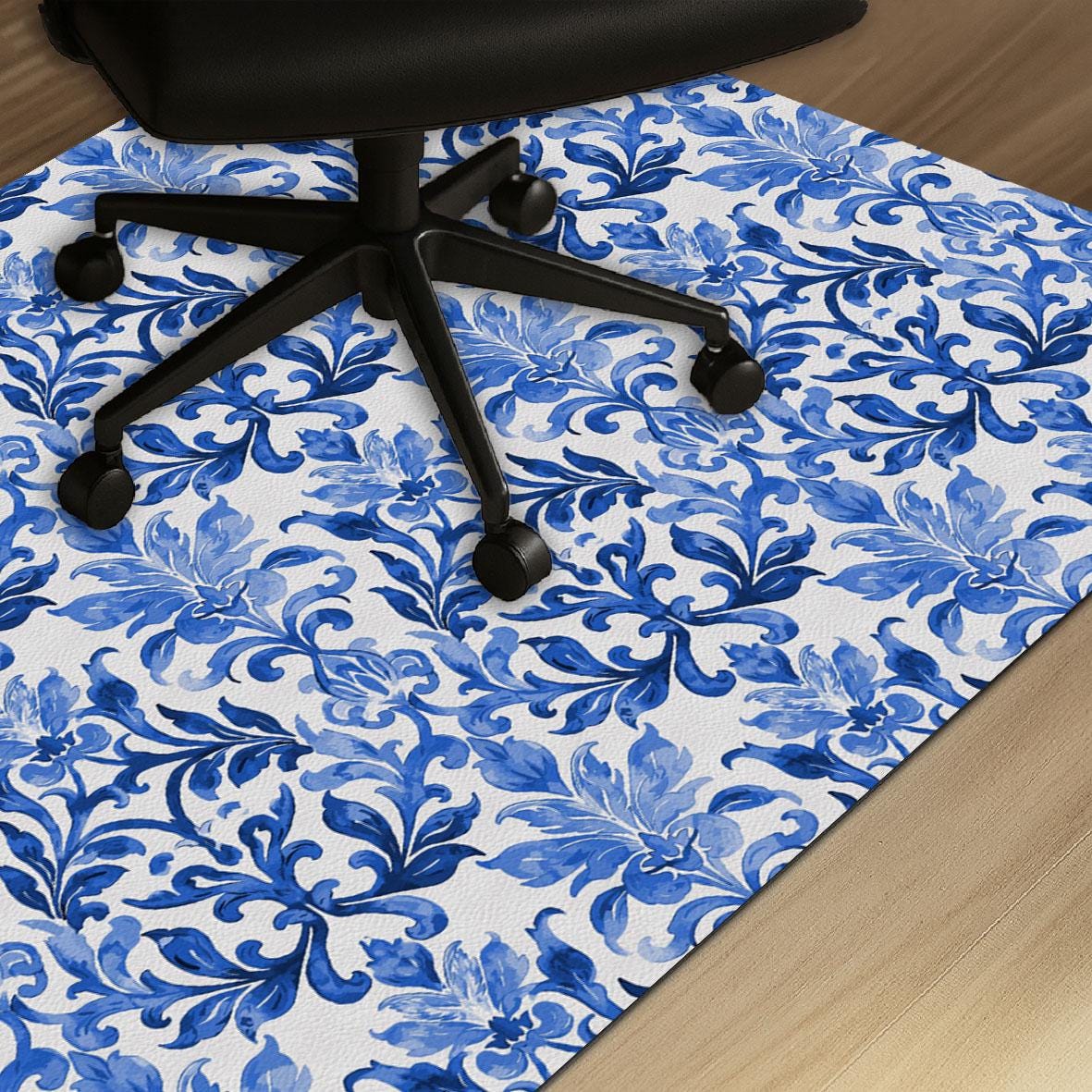 Blue Damask Office Chair Mat: Non-Slip PU Leather Floor Protector