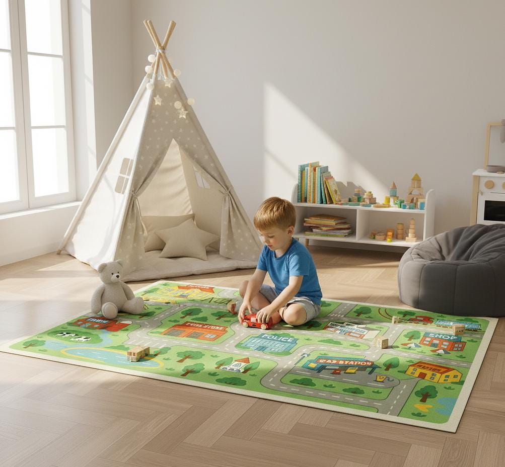 City Road Map Play Mat: PU Leather Car Rug for Kids