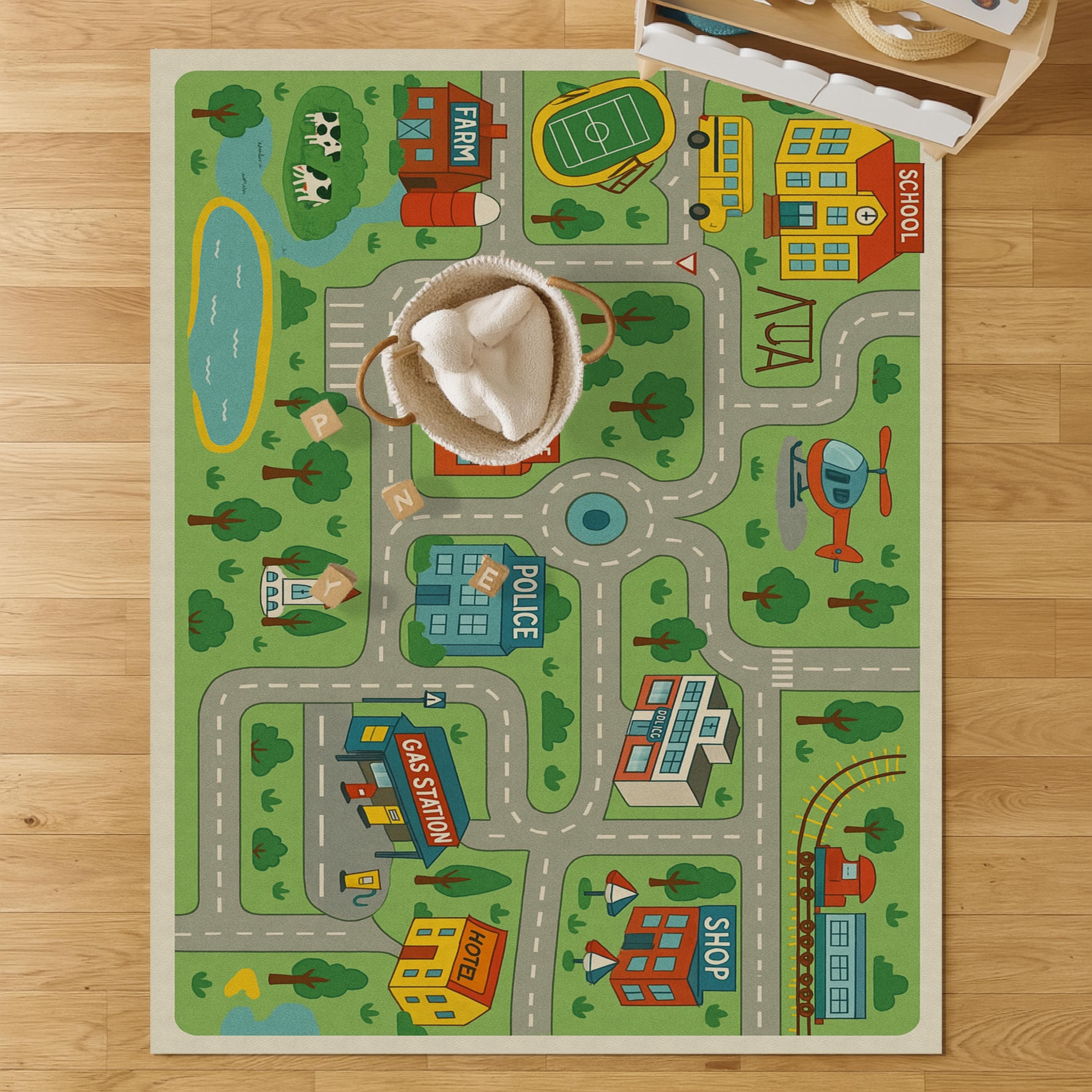 Kids Road Map Play Mat: PU Leather City Rug, Nursery Decor