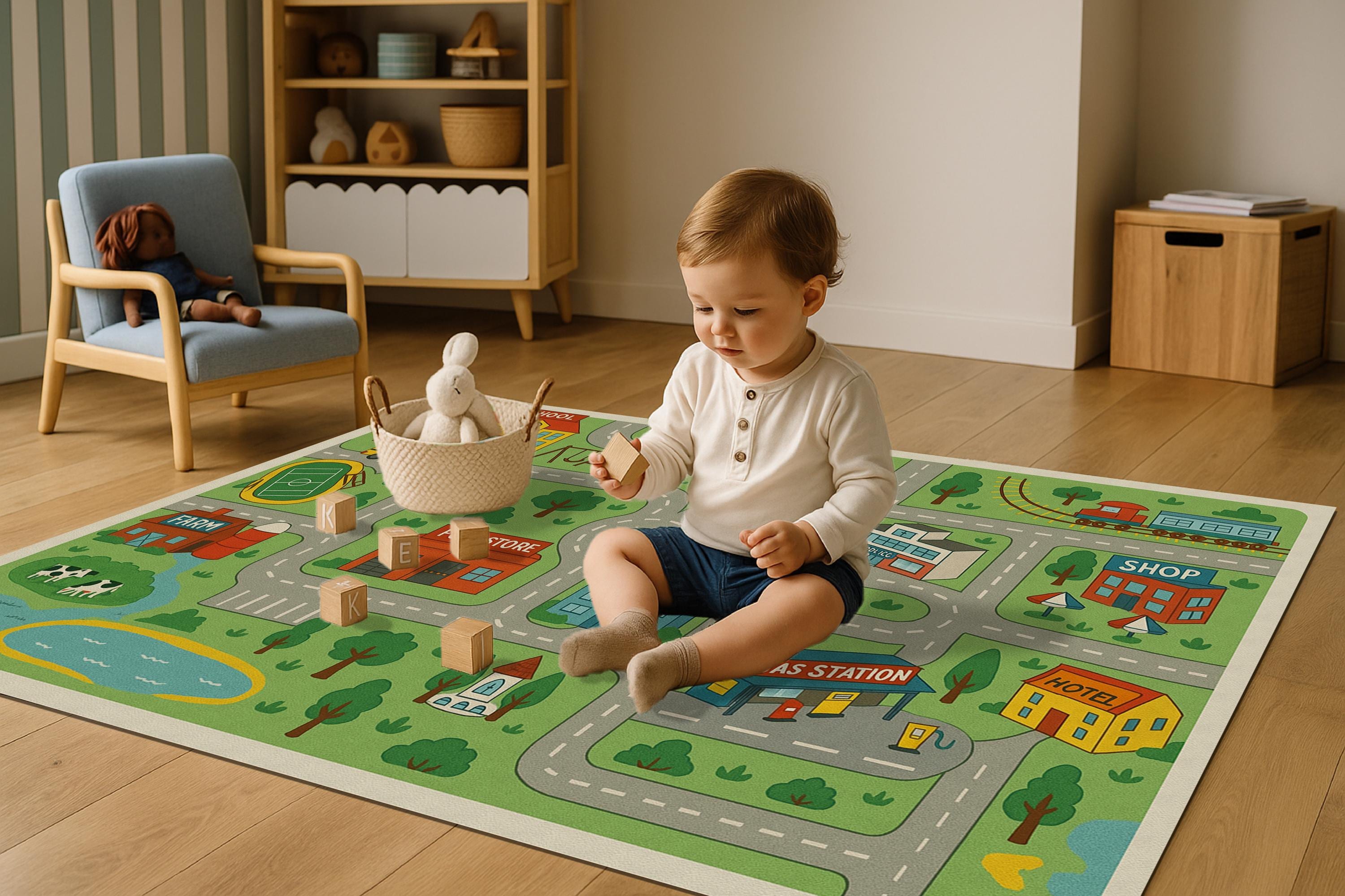 City Road Map Play Mat: PU Leather Car Rug for Kids